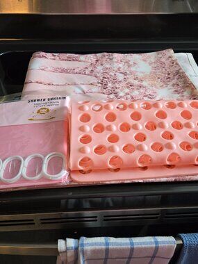 Pink Shower Curtain, Liner & Bath Mat Set